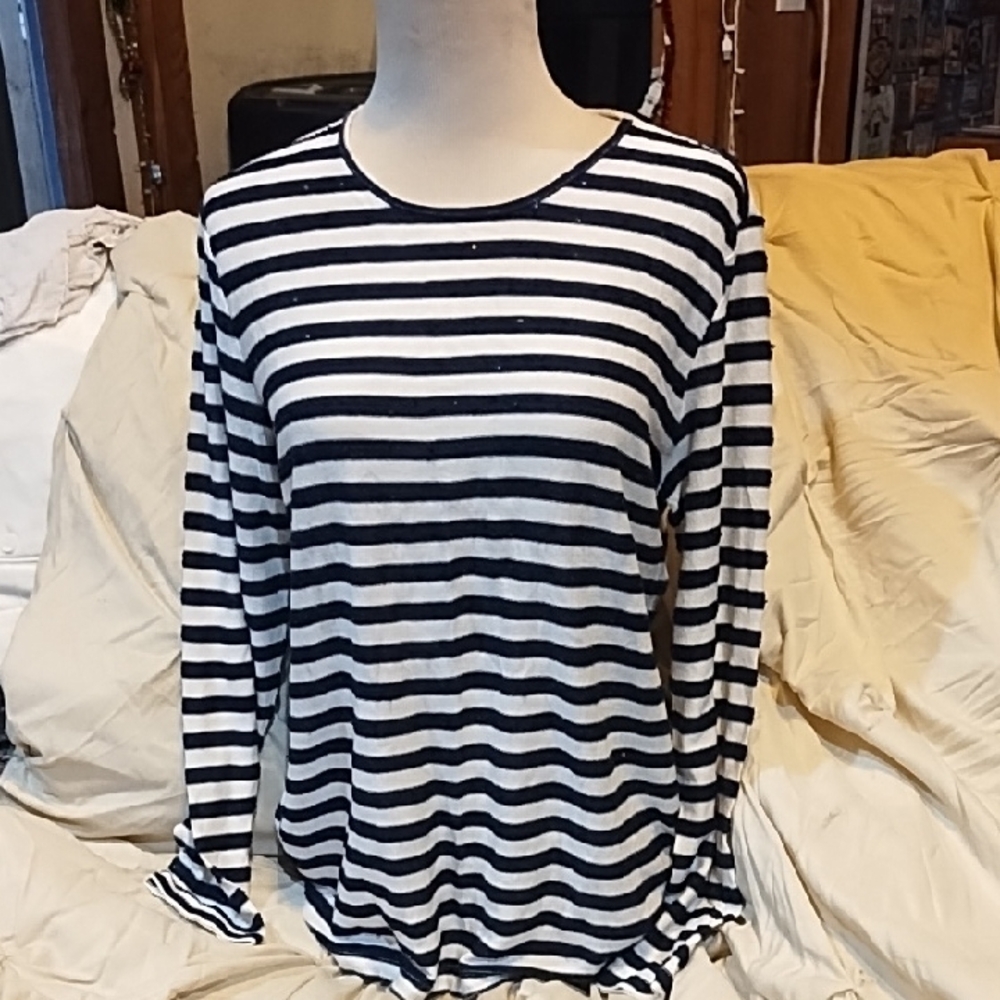 Chico's Black and White Striped Long Sleeve Top